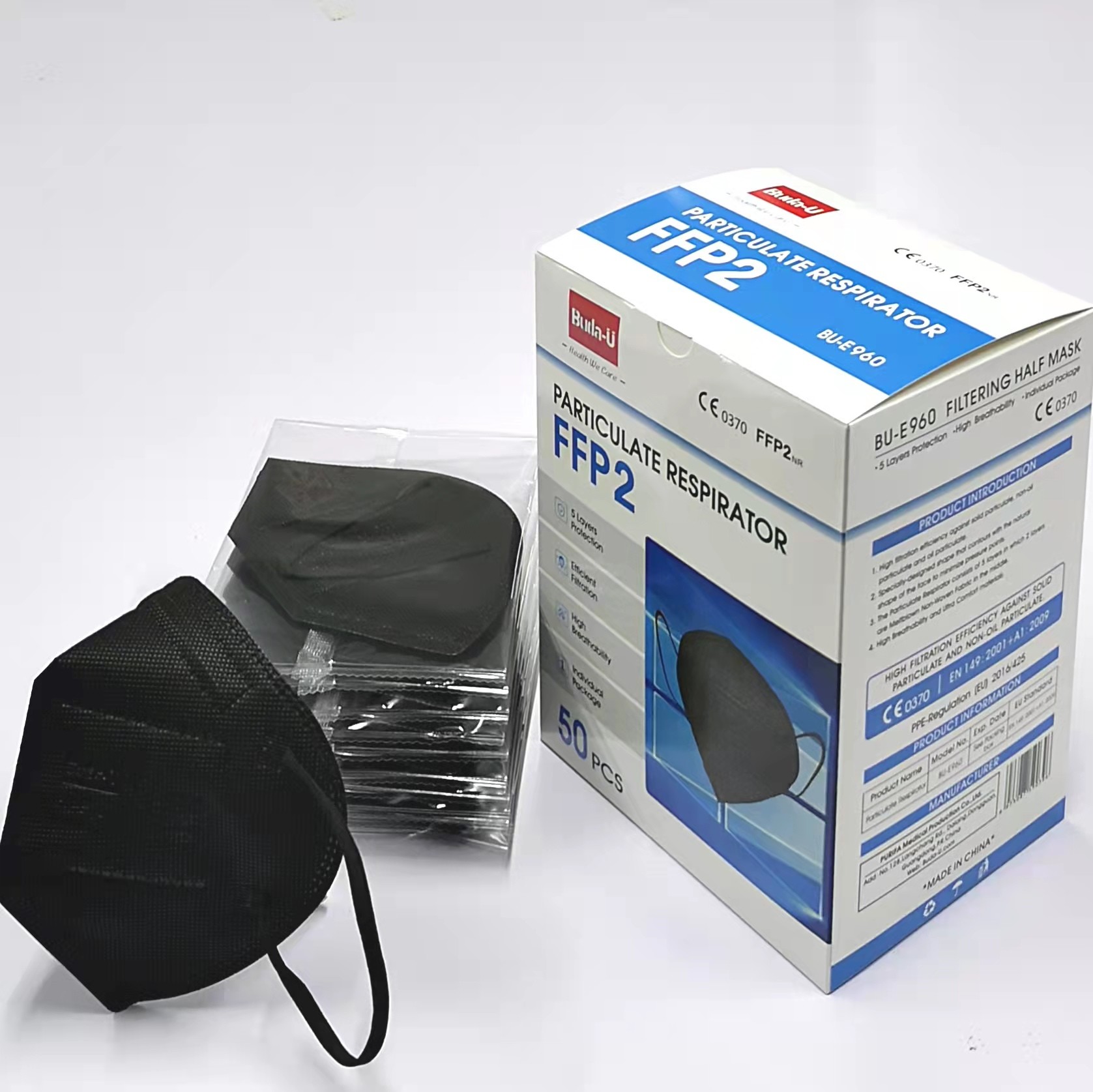 Black Disposable Particulate Respirator Anti Dust FFP2 Face Mask CE 0370 With Earloops