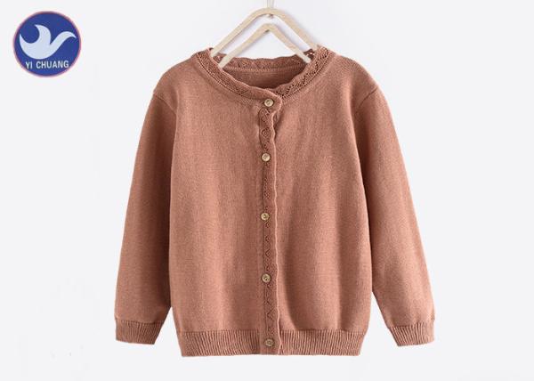 Long Sleeves Girls Cardigan Sweaters Wavy Pointelle Neck Trim Buttons Up