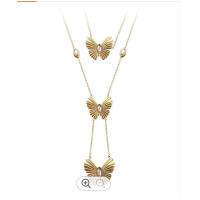 Buy cheap 18K Gold Plated Stainless Steel Jewelry Double Chain Pink Zircon Butterfly product