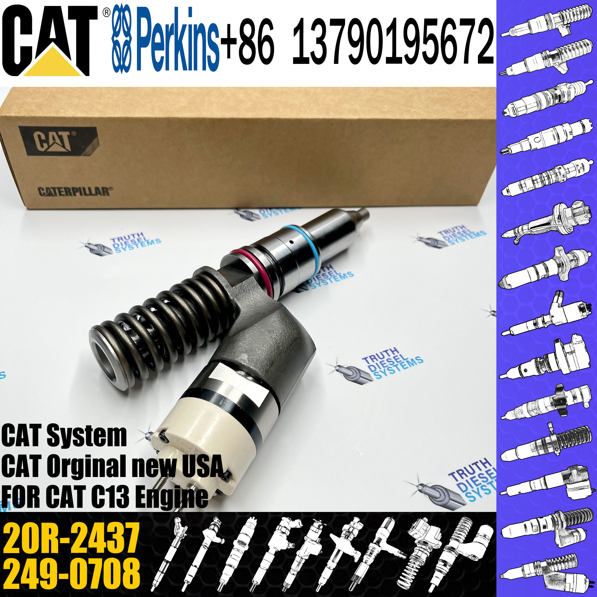 Excavator parts common rail injector 249-0705 20R-2437 249-0708 212-3462 1OR-2977 10R-0961 for C13 diesel engines
