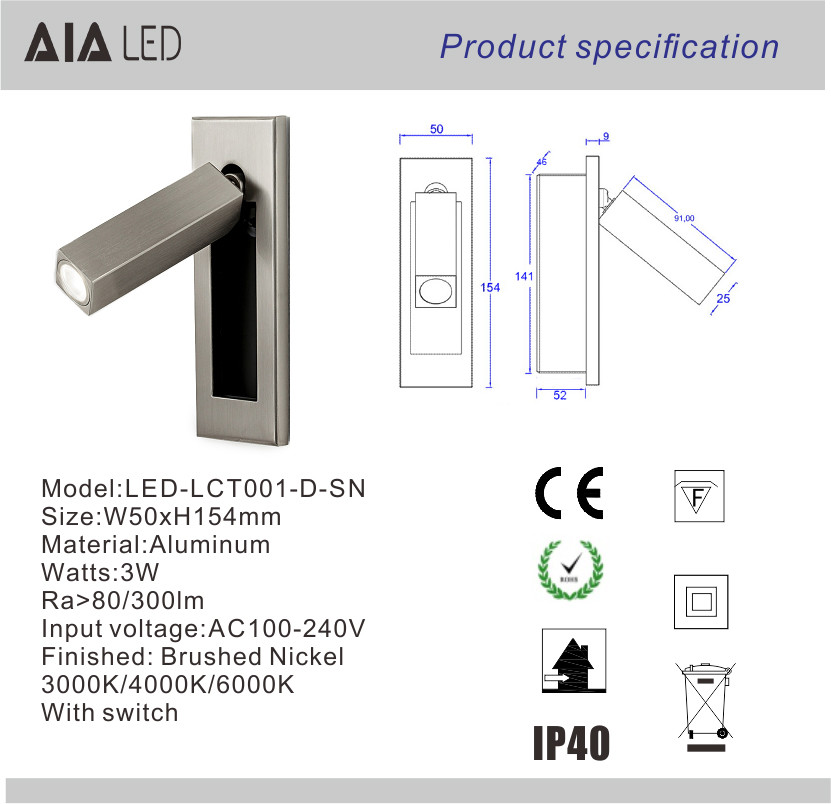 Rotating Recessed mounted bed sides light 3W led bed lighting reading light bed head wall lamp