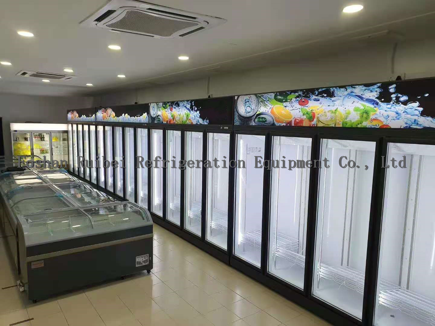 Commercial upright glass door freezer, auto defrost frozen food display refrigerator