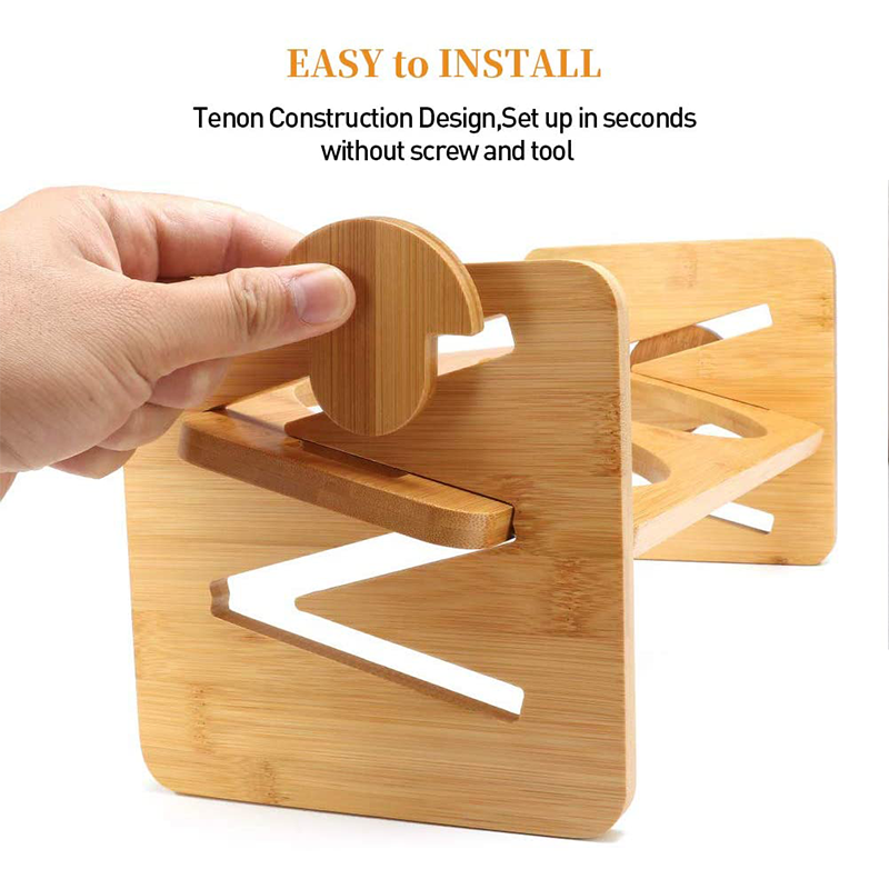 Protect Cervical Spine Easy Cleaning Ceramic Pet Feeder with Adjustable Bamboo Stand