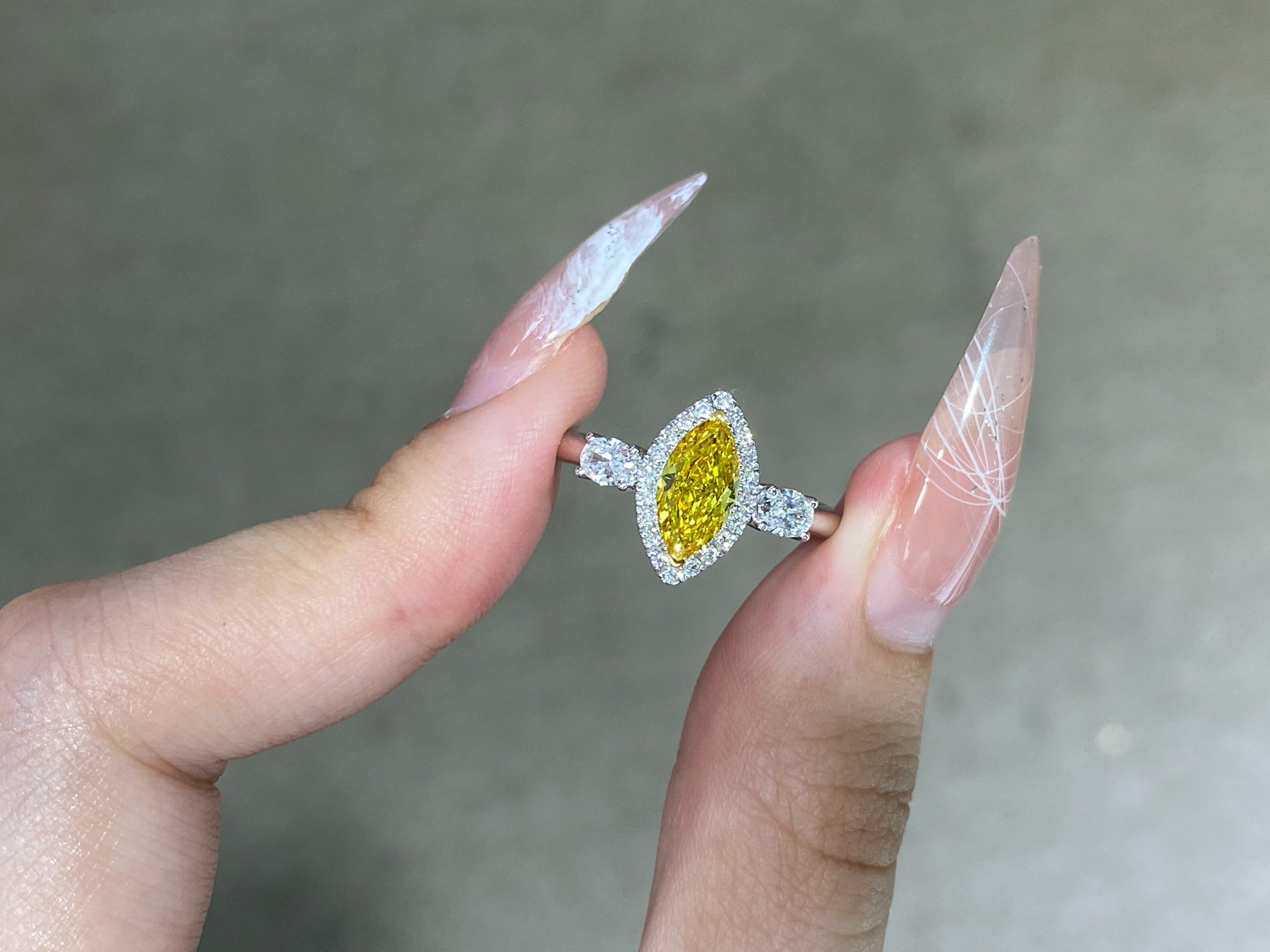 1.03ct Fancy Vivid Yellow Lab Created Diamond Ring 18k White Gold Marquise Shape