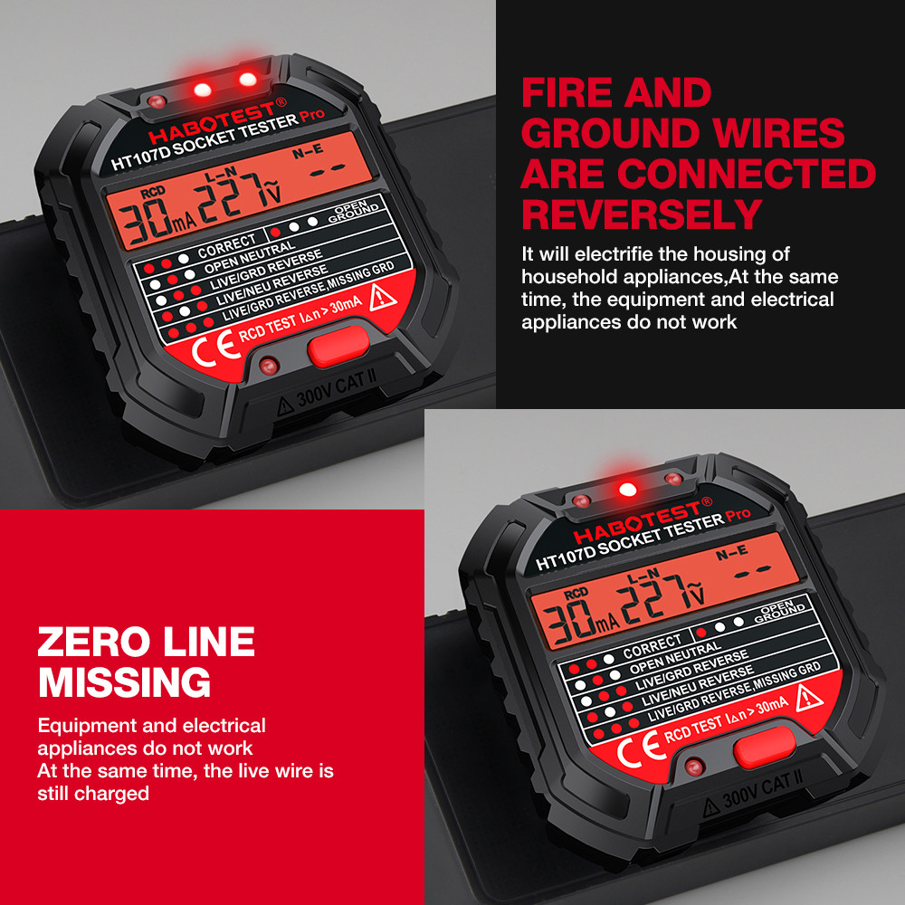HT107 Socket Tester Pro Voltage Test RCD 5/30mA Socket Detector Ground Zero Line Plug Polarity Phase Check