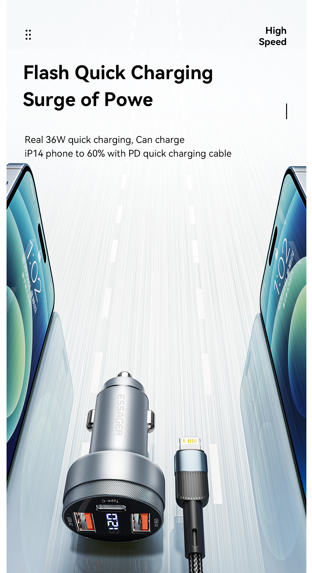 Essager 2022 Fenglang Aluminum alloy digital display car charger 80W 3 in 1 Car Charging 2 USB A Type C Fast Car Charger