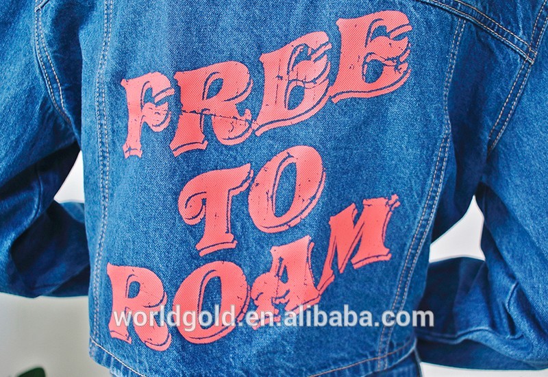 Distressed Stretch Printed Ladies Short Denim Jacket With Rhinestone Trimming