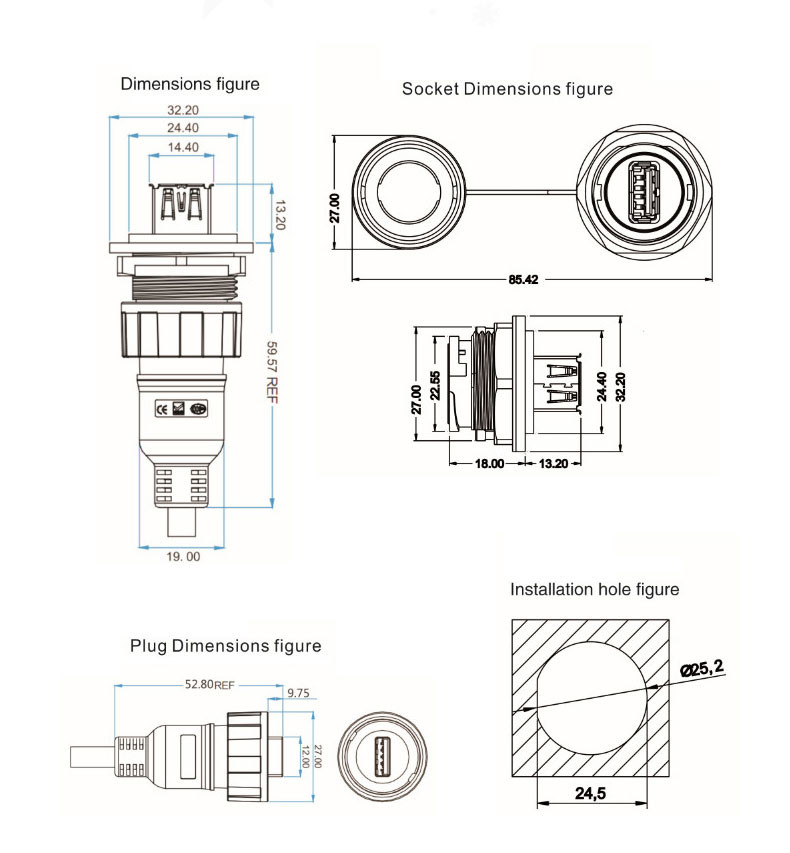 Hot Selling usb 3.0 panel mount double rubber coating ip67 waterproof connector