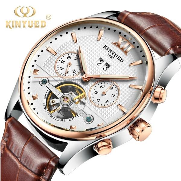 Buy cheap KINYUED Fashion Tourbillon Automatic Movement Mens Automatic Mechanical Watch Genuine Leather Wristwatch from wholesalers