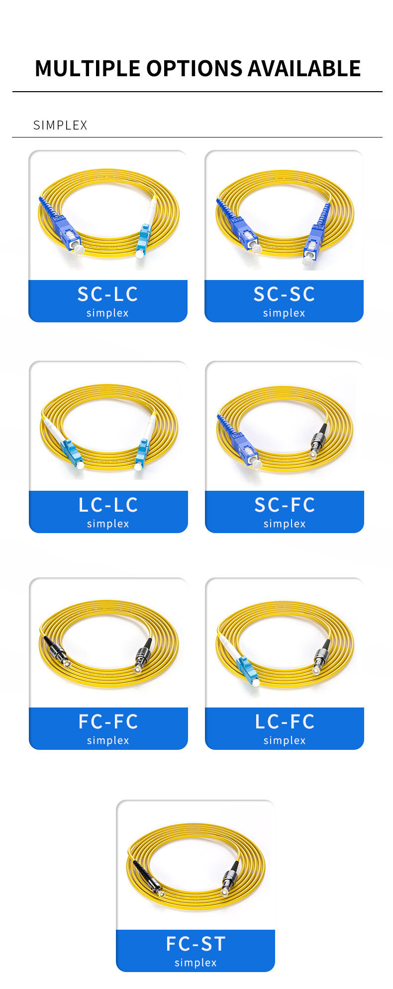HXCOWO OM3 SC FC LC ST 850nm/1310nm/1550nm Simplex Multi Mode Fiber Optic Cable Patch