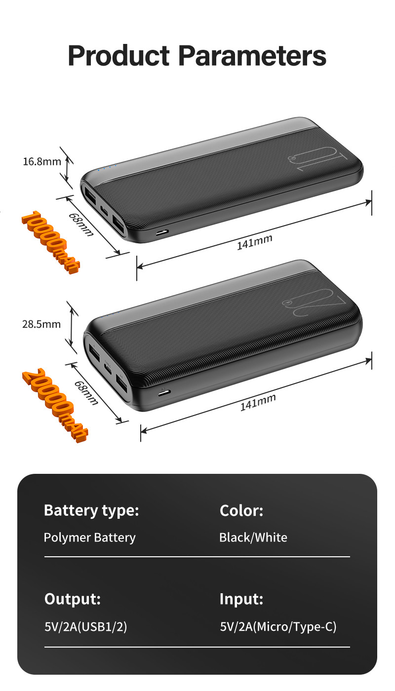 Universal Portable Mobile Power Bank 20000mah 10000mah Li Polymer Battery