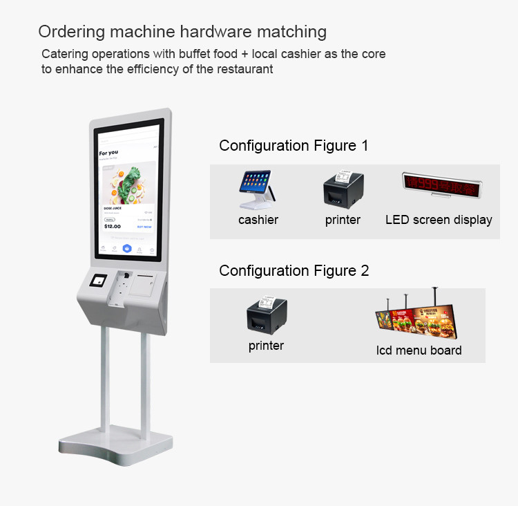27 Inch B-shaped Self Service Checkout Kiosk Menuboard Pos Machine With Printer QR Code Scanner