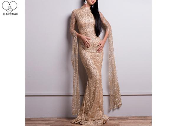 Buy cheap High Neck Mermaid Style Prom Dress Gold Dark Green Color Long Sleeve Lace Sequin from wholesalers