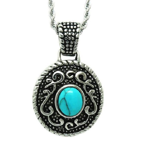 925 Silver Plated Titanium Steel Rope Chain with Vintage Old Turquoise Pendant