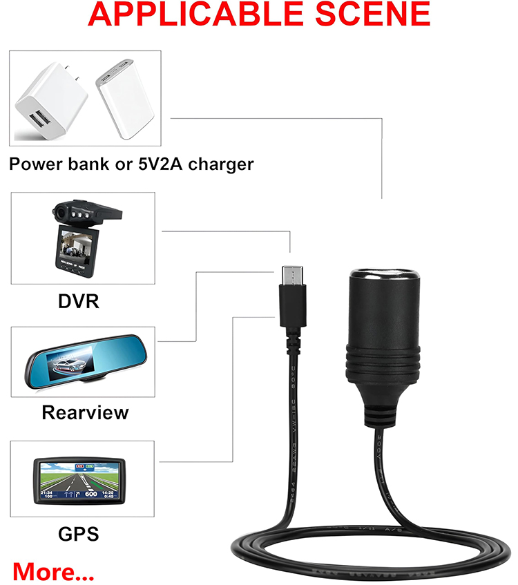 PD Charging 12v Output USB Type C Male to Cigarette Lighter Female Socket Plug Power Adapter Cable for Car