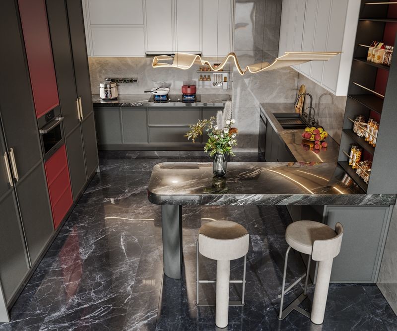 Fadior Modern Stainless Steel Kitchen Cabinet with Blush Red Accent And Extended Sinstered Stone Island