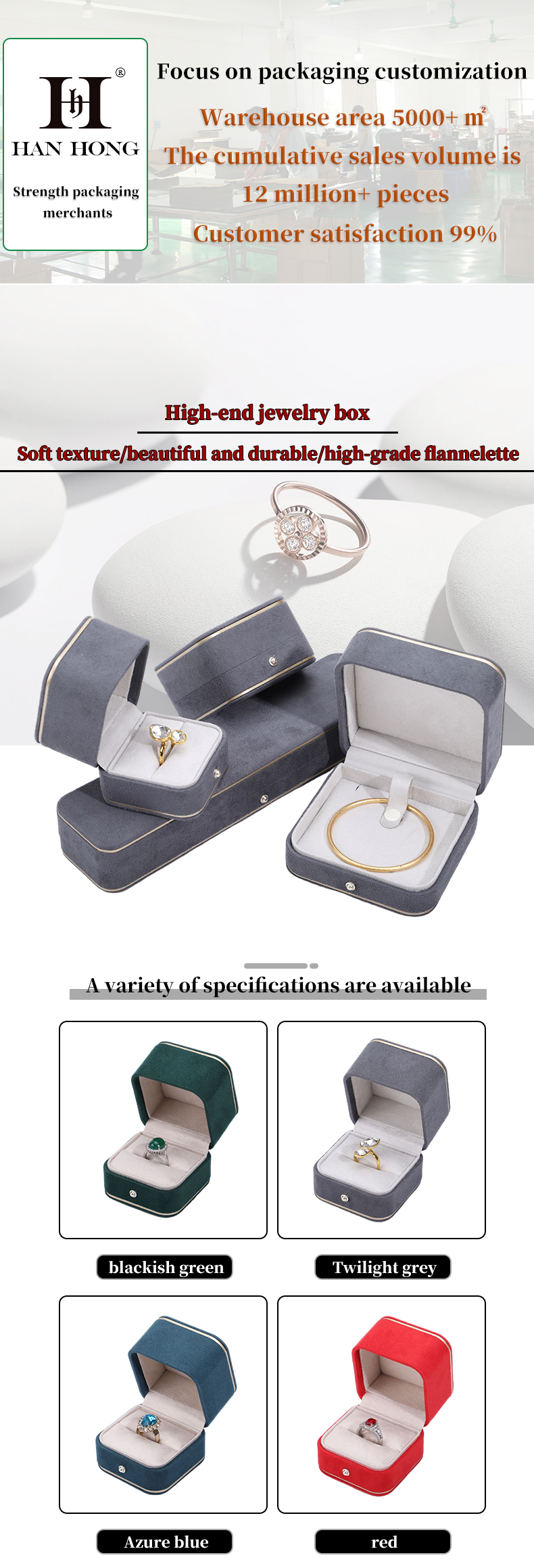 Jewelry Packaging Hanhong Custom Velvet Box for Necklace Bracelet Earrings and Ring