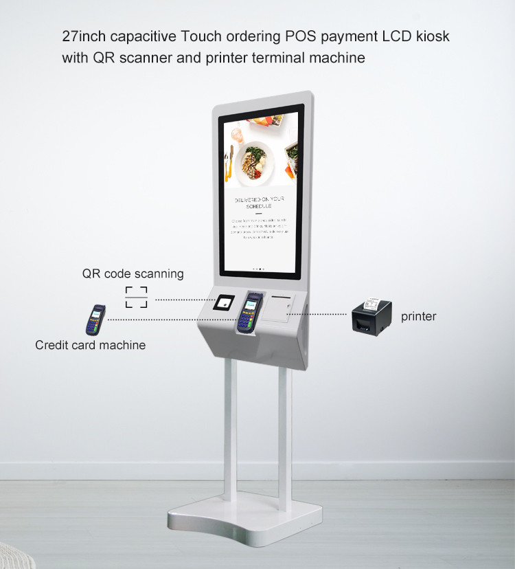 27 Inch B-shaped Self Service Checkout Kiosk Menuboard Pos Machine With Printer QR Code Scanner