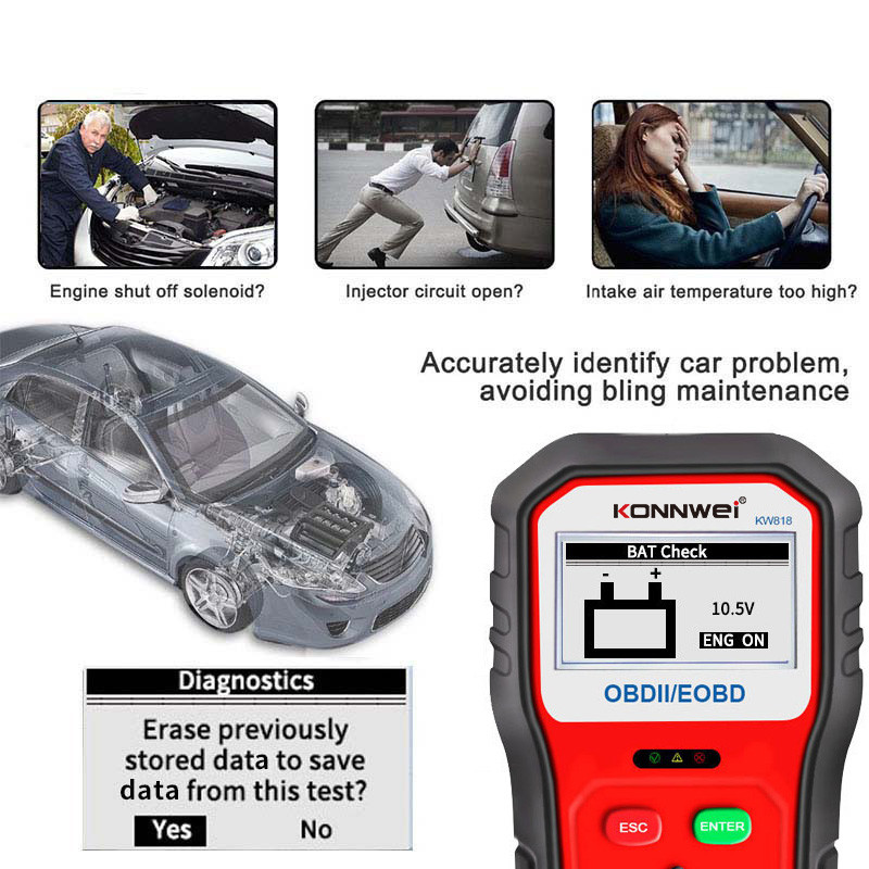 Handheld free upgrade 2.8 inches black and white screen car battery tester KW818 support read and erase fault codes