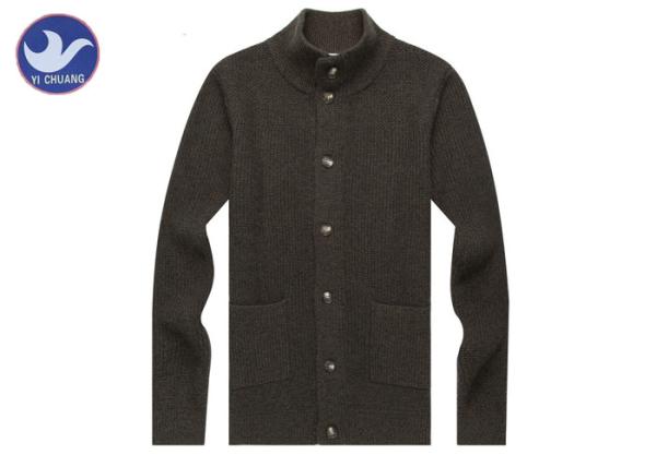 Stand Collar Mens Dark Brown Cardigan Sweater , Mens Cotton Cardigans With