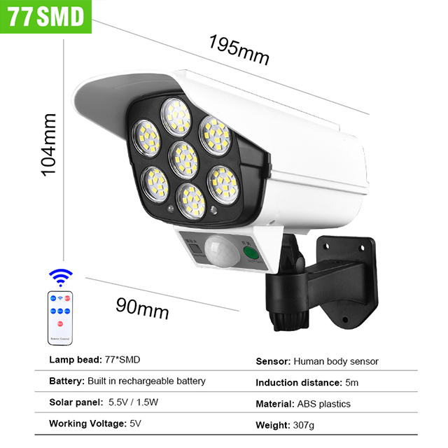 Solar Light Motion Sensor Security Dummy Camera Wireless Outdoor Flood Light IP65 Waterproof 77 LED Lamp 3 Mode for Home Garden