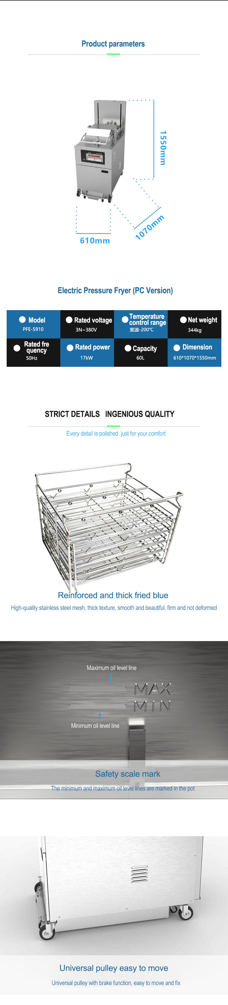 8HD Electric 17KW 380V 55L 5 Fry Tray Big Productivity Broaster Chicken Pressure Fryer