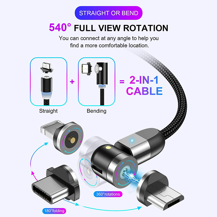 Fast Charger Phone Accessories 540 Degree Rotation 3 in 1 Micro Type C Magnetic USB Data Charging Cable
