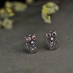 Vintage Owl Design Sterling Silver Stud Earrings(XH023333W)