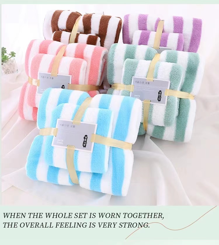 Polyester Towel Bath Towel Sets Wide Striped Colorful Thick Absorbent Coral Fleece Towel