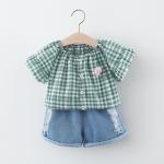 39in Plaid Suit Cute Children'S Outfit Sets Clothes Denim Shorts Oem Short
