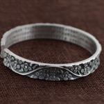 Women Sterling Silver Engraved Flowers Buddhist Sutras Retro Cuff Bracelet