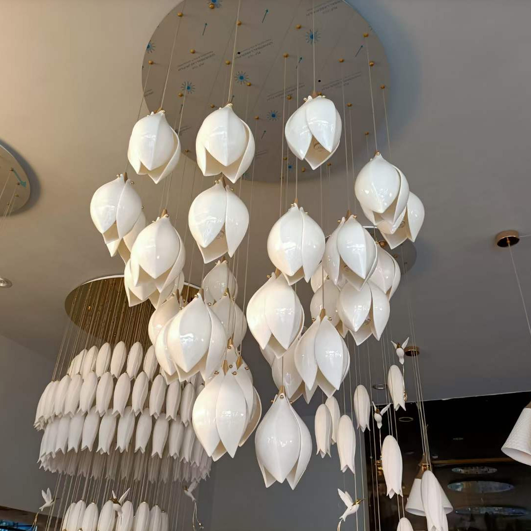 Ceramic Porcelain White Flower Decorative Chandelier Wedding Pendant Lamp For Hotel