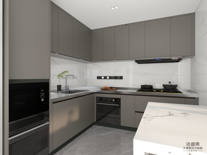 Fadior Brown Color Stainless Steel L-Shaped Kitchen Cabinets With Full-Height Design
