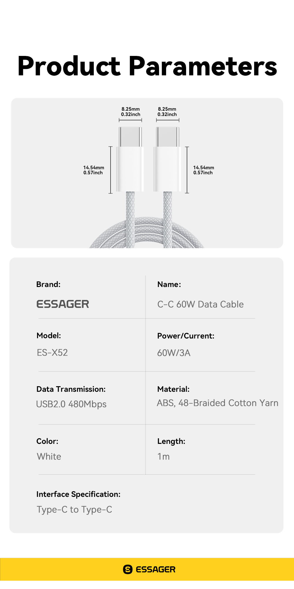 ESSAGER ES-X52 Series PD3.0 USB C To C Cable 60W 3A With TPE Jacket