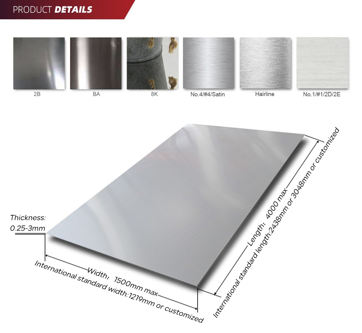 AISI 430 Cold Rolled BA Finish 0.3-3.0mm Thick 4ft x 8ft Stainless Steel Sheet
