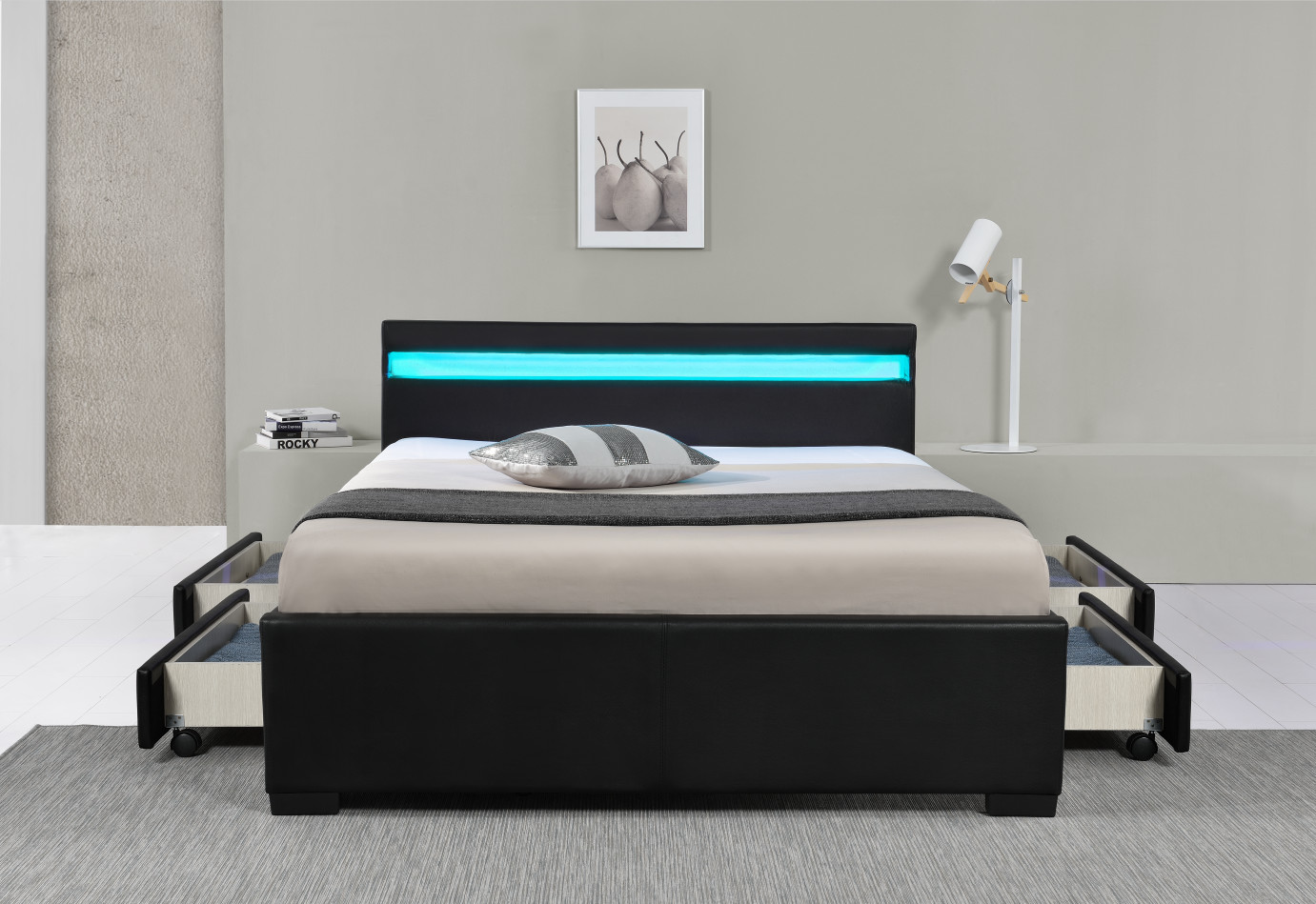 Pu Faux Leather LED Upholstered Bed With Storage Drawer 12 Months Warranty