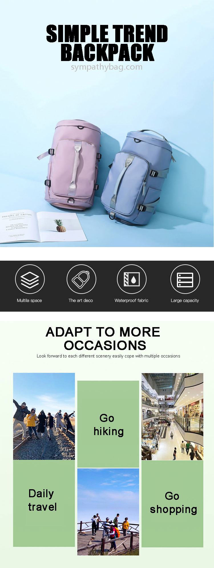OEM Multifunction School Backpack Waterproof Travel Backpack Zipper Closure Anti Theft