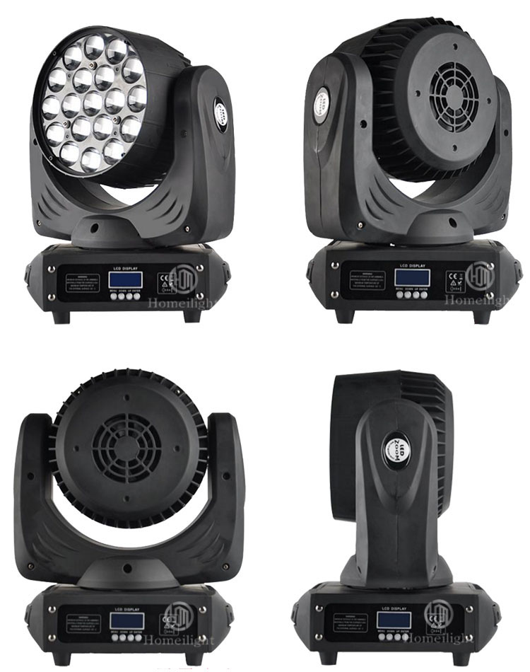 Homei LED Stage Light 19x15w DMX512 Zoom Strobe Wash Moving Head for DJ Bar Disco Lighting