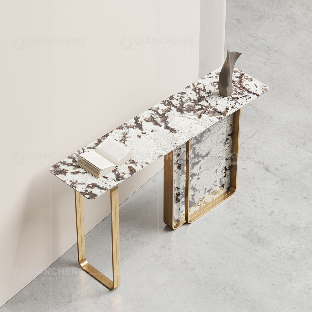 Brush Gold SS Console Table Leg Base 11mm Sintered Stone Top