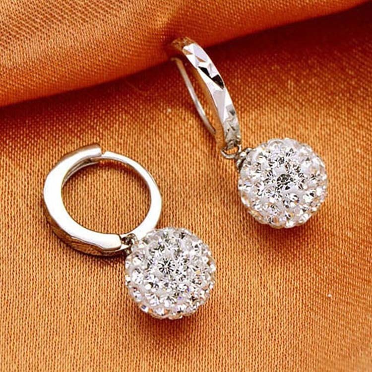 925 Silver Plated with Rhinestone Cubic Zircon Ball Beads Dangle Earrings (EEBALL03)
