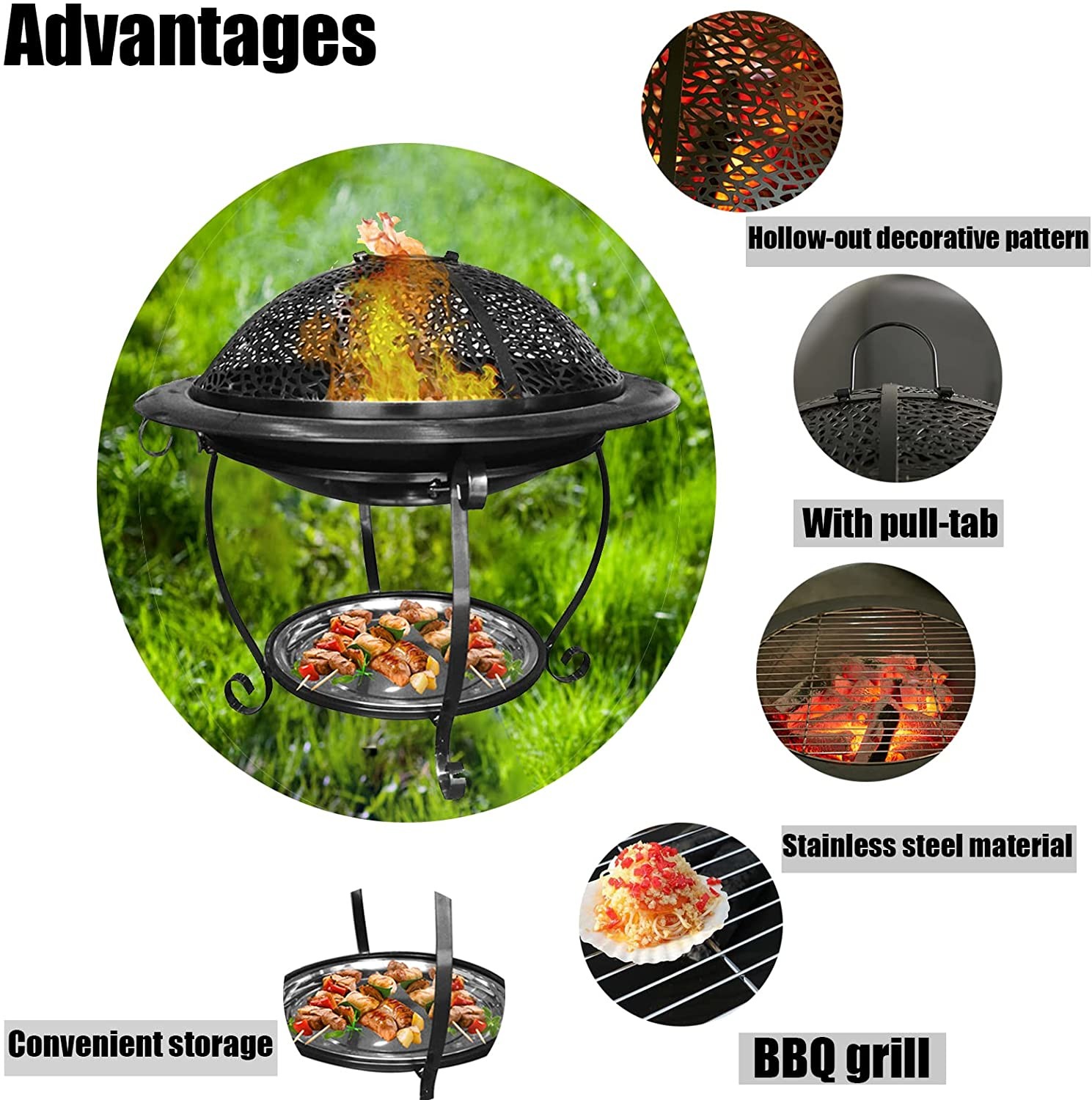 22'' Wood Burning Barbecue Fire Pit For BBQ Grill Backyard Garden Patio Camping Beach