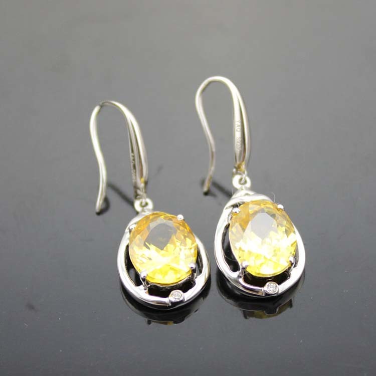 925 Sterling Silver Oval Blue Topaz Cubic Zircon Dangle Earrings (PSJ04195)