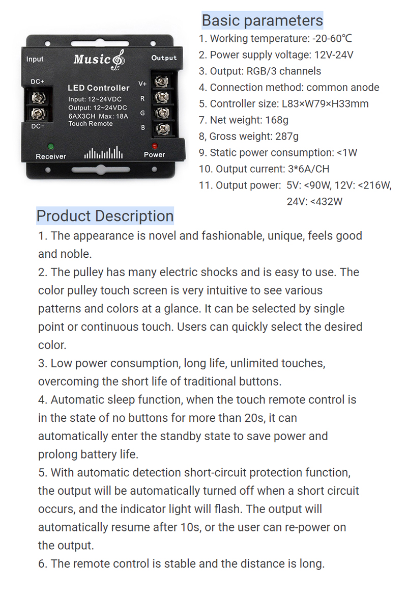 Wireless RF Remote LED Controller , RGB LED Music Controller 18A For 5050 Light Strip