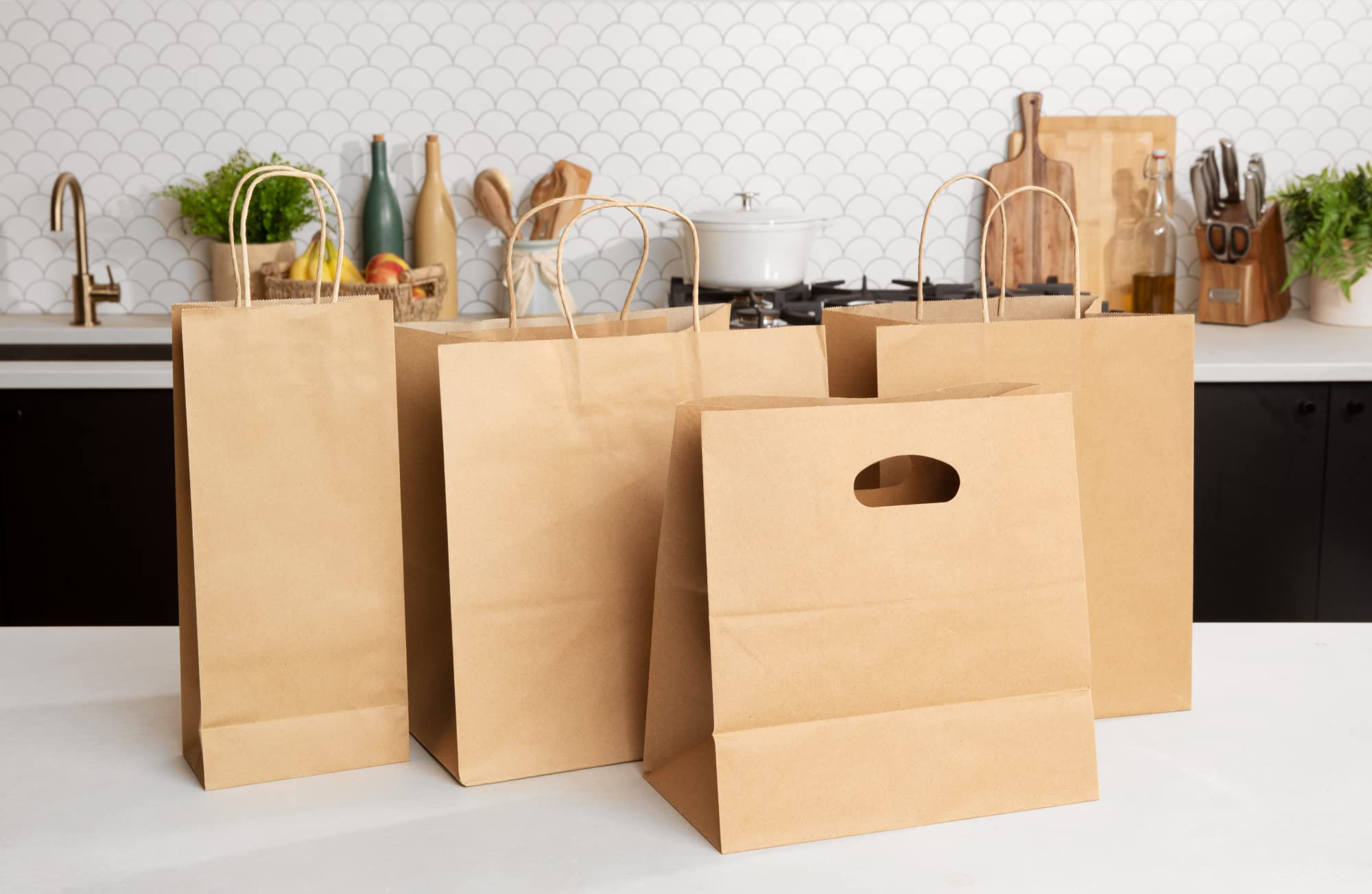 Custom Die Cut Brown Kraft Bakery Take Out Paper Bags With CMYK 4 Color Offset Printing