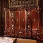 Handmade Carved Bedroom European Style Closet Red Four Door Wooden Wardrobe