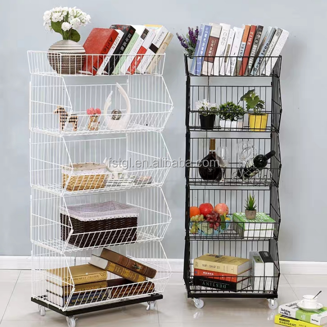 Versatile 5-Tier Metal Wire Basket Stand for Supermarket Snack Display in Metallic