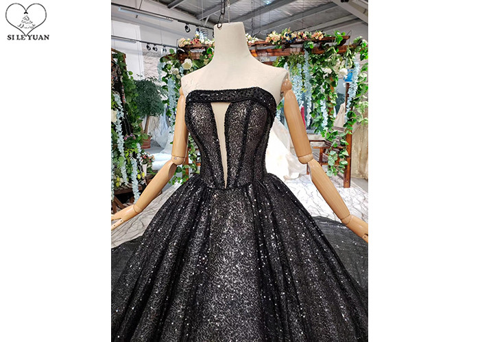 Black Custom Beautiful Sparkly Prom Dresses Strapless Bust Hollow Shining Beads