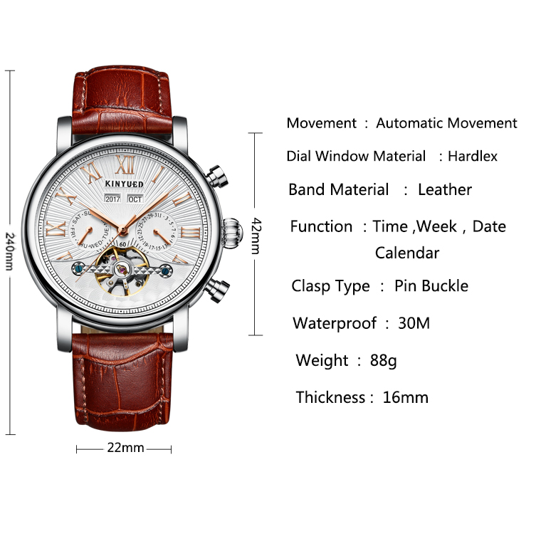 KINYUED J022-3 leather pin buckle 30M waterproof men automatic mechanical watch
