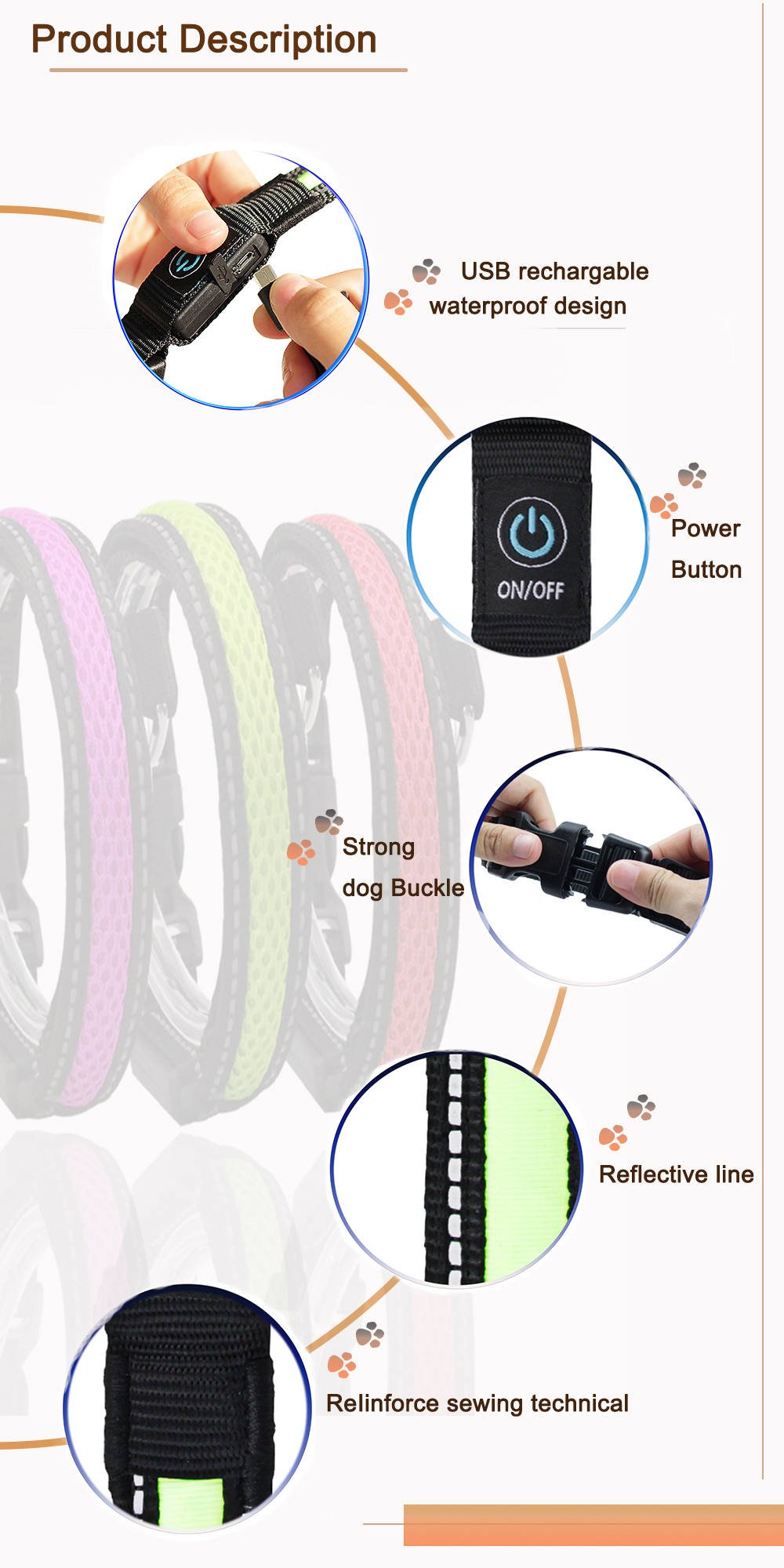 Waterproof Flashing Dog Collar , Nylon Material Safety Rechargeable Petsafe Dog Collar