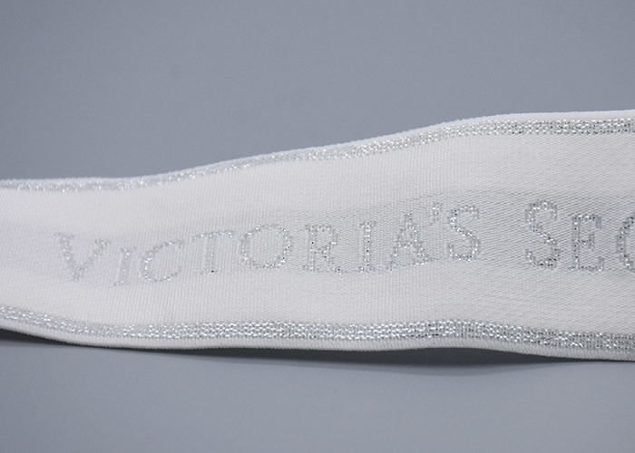 Clothing Customized 35mm White Jacquard Elastic Tape With Shiny Silver Logo